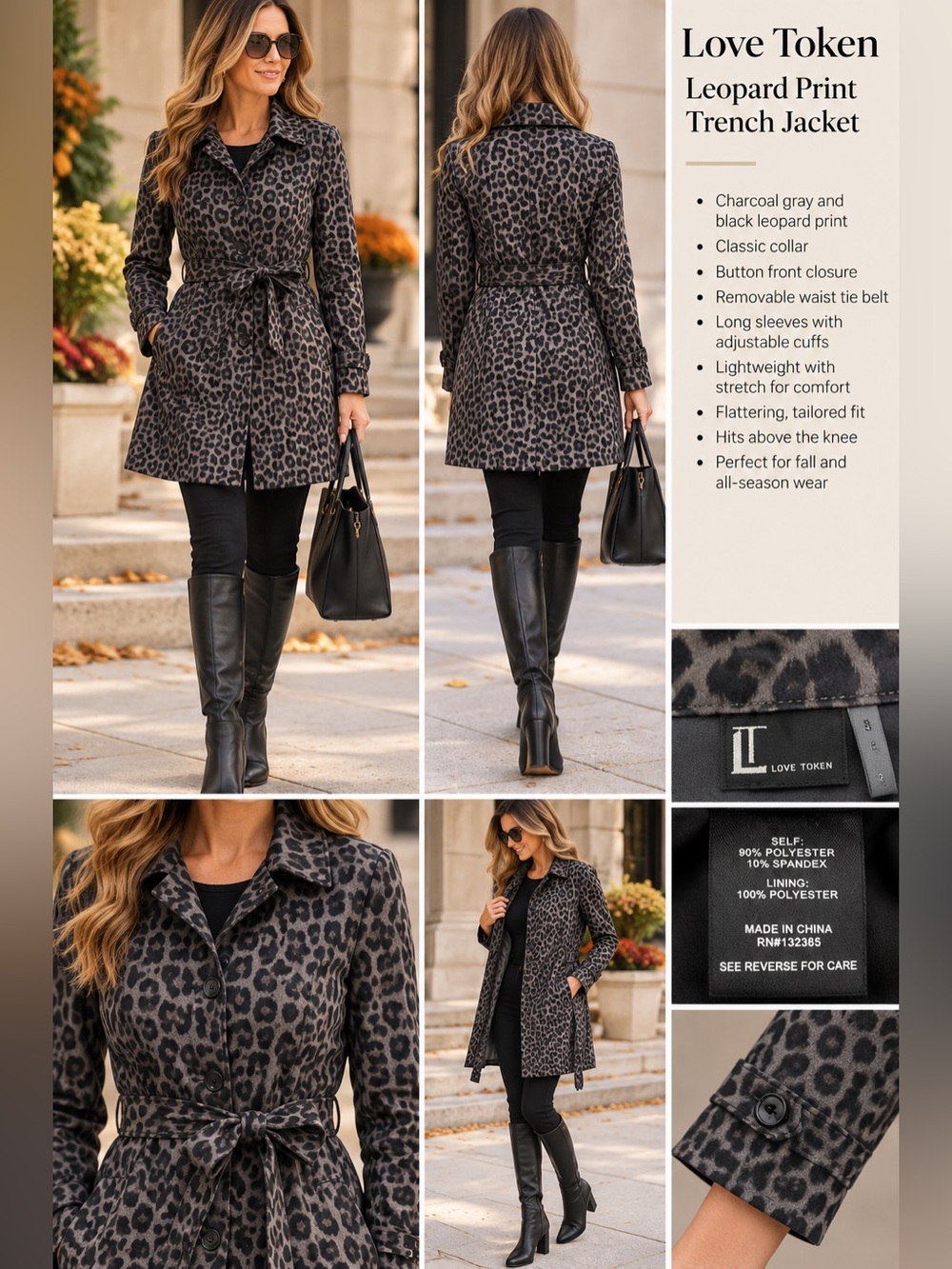 Love Token Gray Black Leopard Print Belted Trench Coat Jacket Size Small